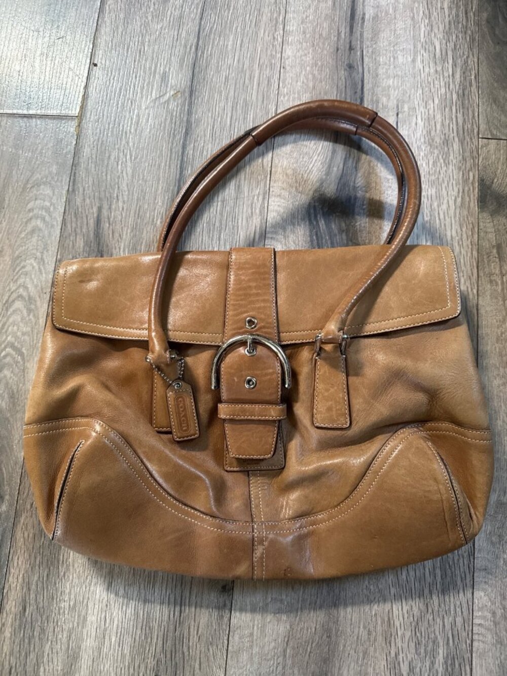 Coach Hampton Flap Vintage Leather Shoulder Bag Tan 9550 With Double Handles & I